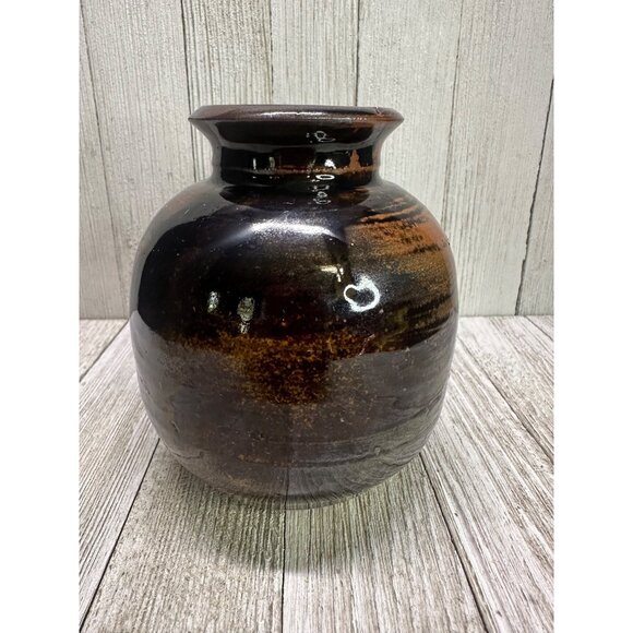 Vtg  4.5 inch Vase Stoneware Pottery Ceramic Dark Brown Galaxy Glaze MCM - Picture 2 of 7